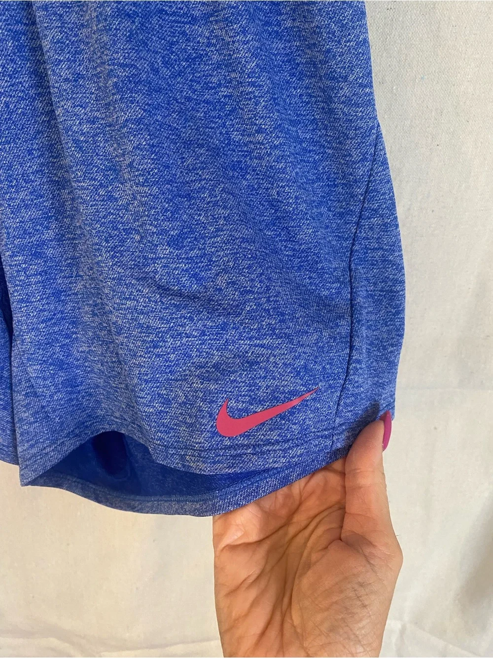 Nike Women's Heather Royal Blue Athletic Shorts with Pink Swoosh